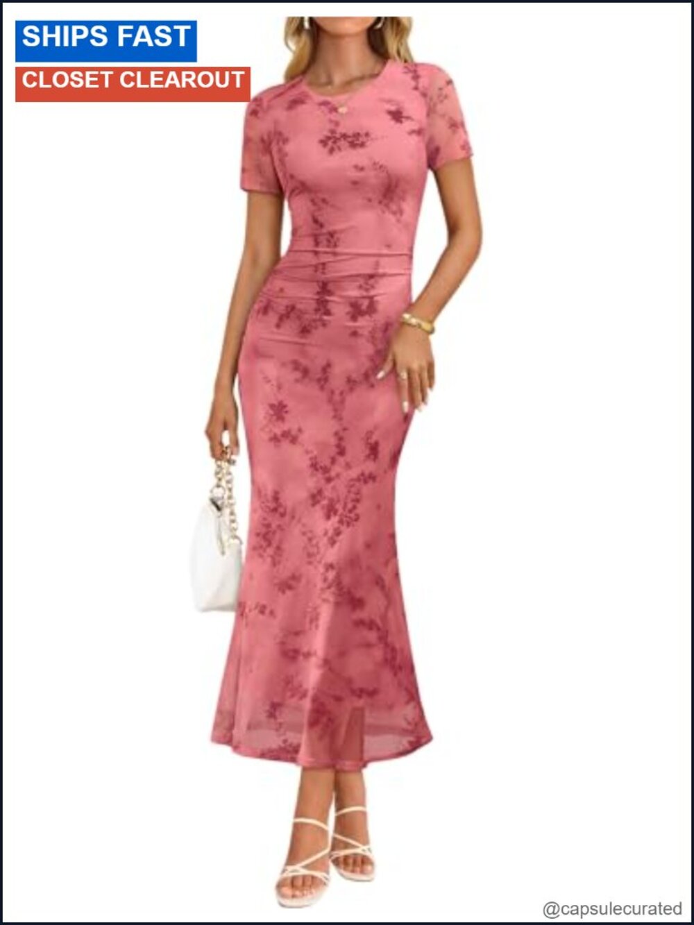 Floral Mesh Bodycon Maxi Dress Short Sleeve Crew Neck Formal Cocktail Party